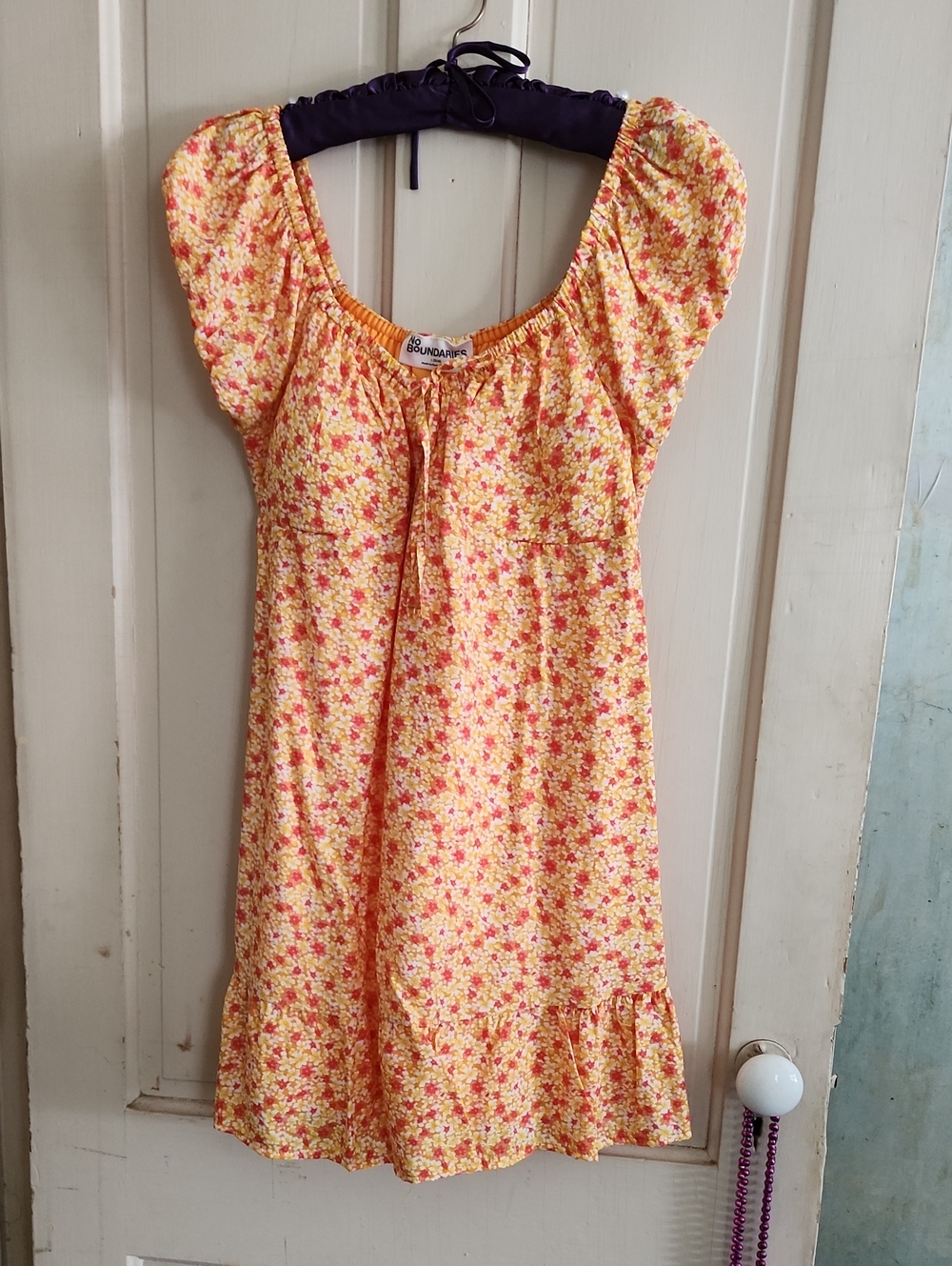 No Boundaries Yellow Floral Puff Sleeve Dress with Ruffle Hem